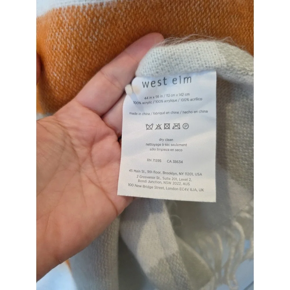 West Elm Throw Blanket Orange White Gray Abstract Fringe 44
